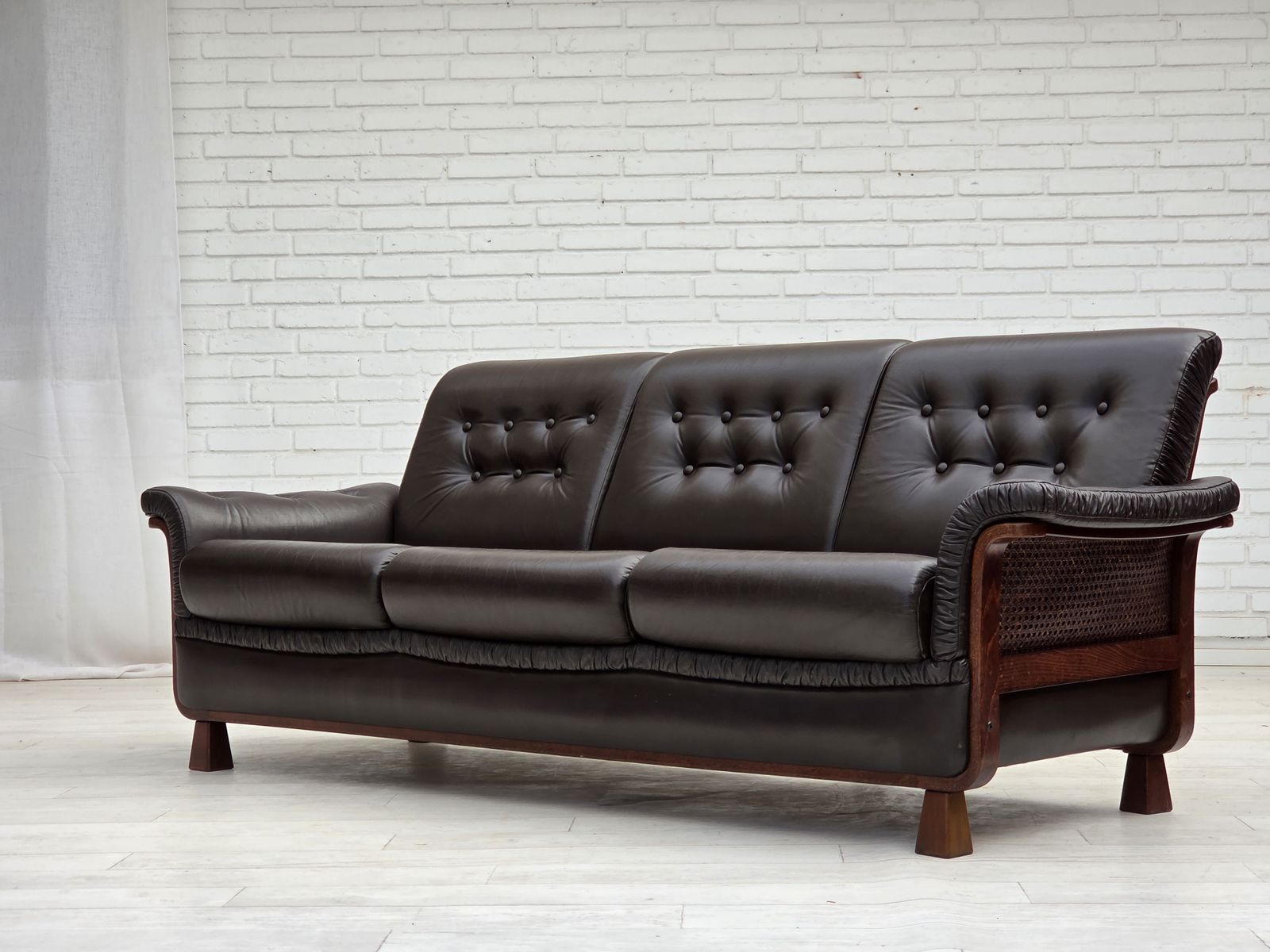 1970s, Scandinavian 3 Seater Sofa, Furniture Leather, Teak Wood Legs, Bent Wood. photo 1750.0