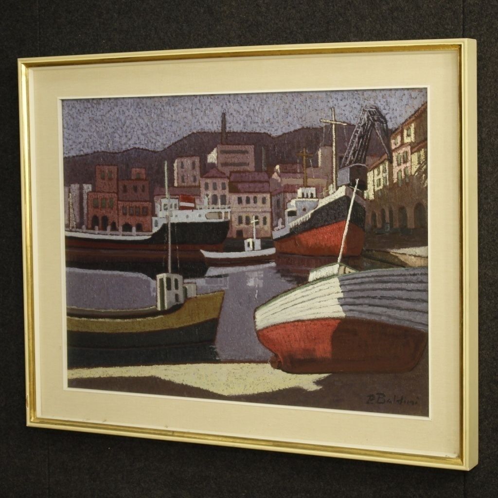 Italian Signed Painting Seascape With Boats From 20th Century photo vinterior