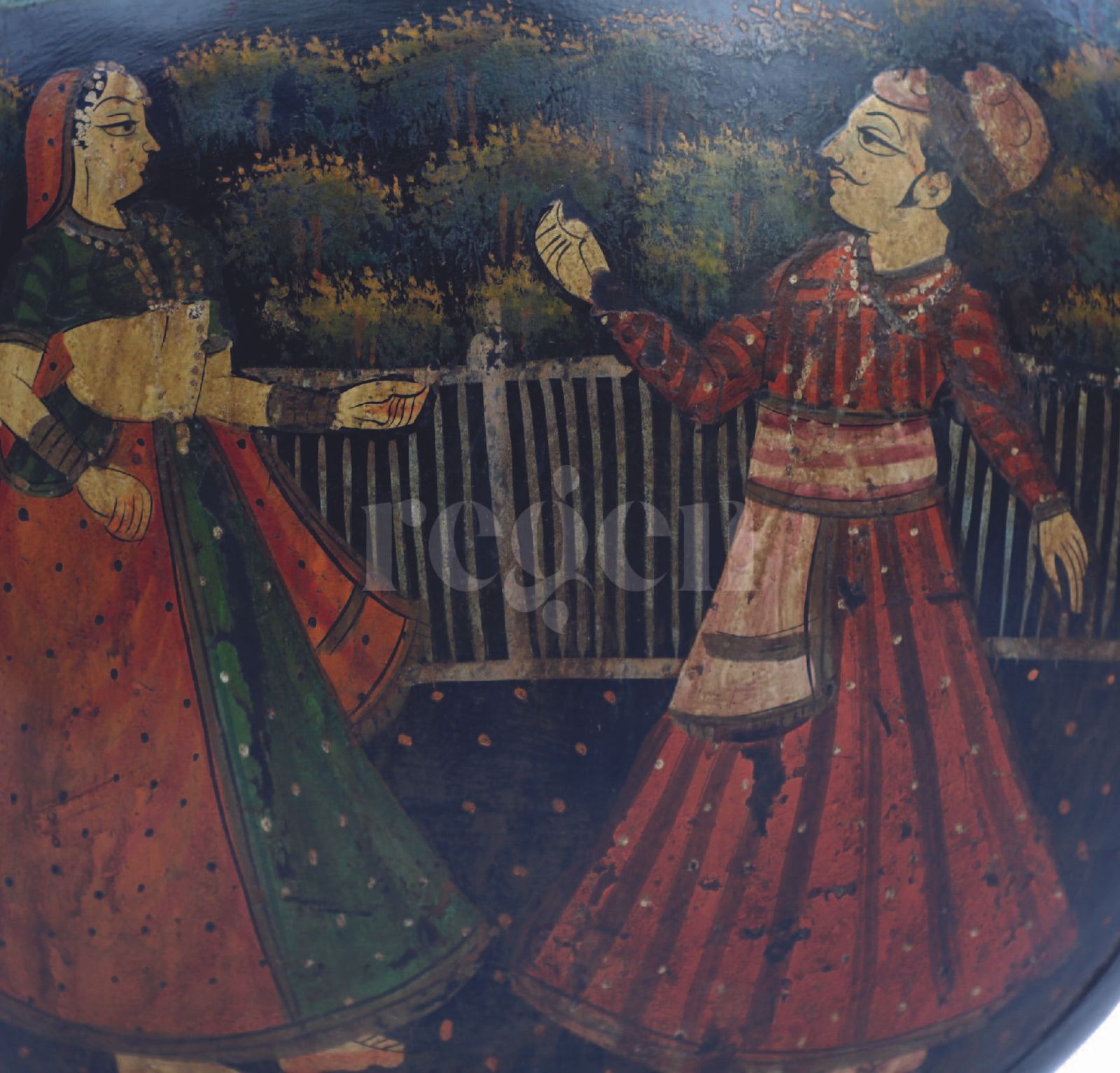 Antique 17th Century Indian Hand Painted Iron Water Vessel – Mughal Era Art With Jodha Akbar Scene photo vinterior
