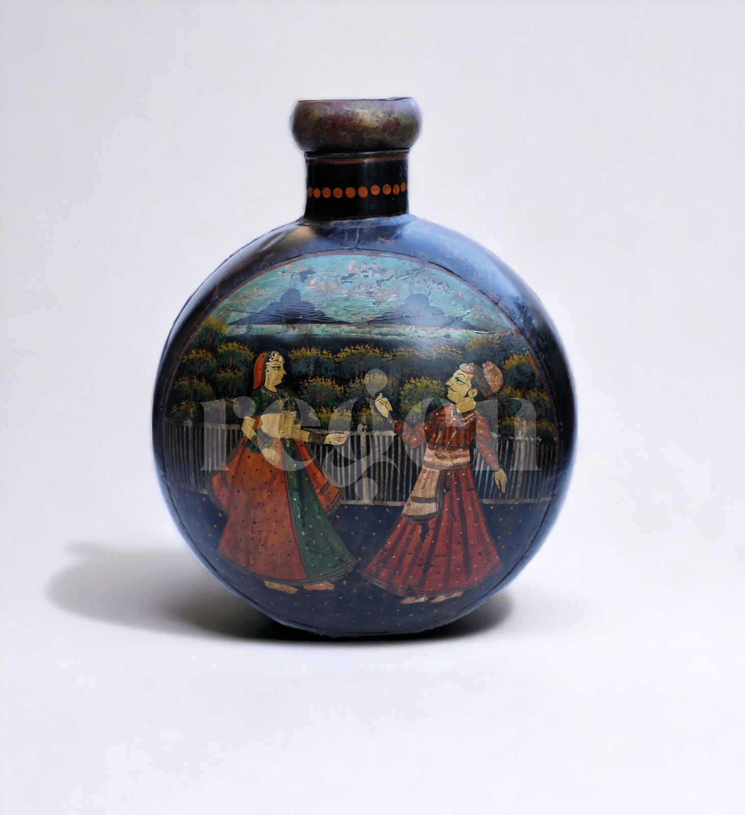 Antique 17th Century Indian Hand Painted Iron Water Vessel – Mughal Era Art With Jodha Akbar Scene photo buy