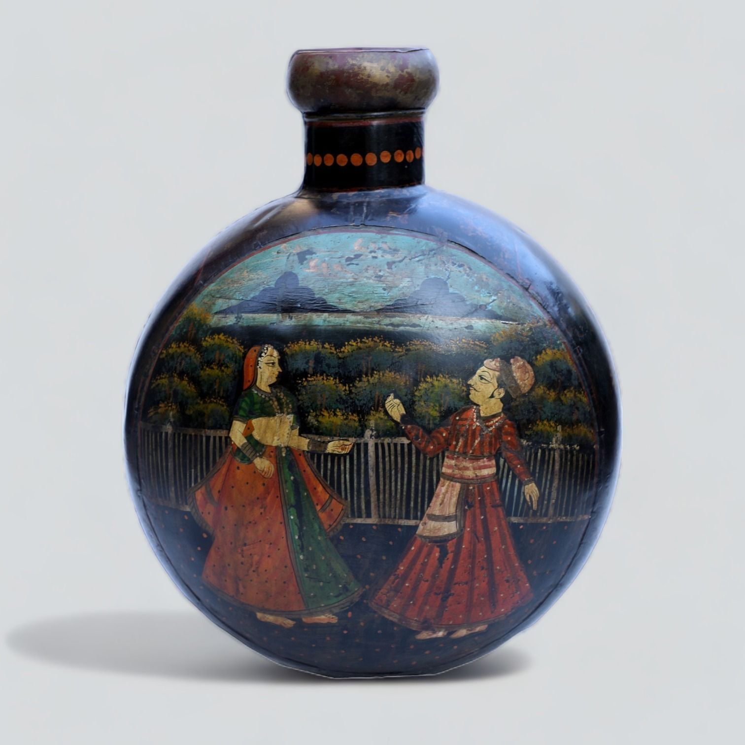 Antique 17th Century Indian Hand Painted Iron Water Vessel – Mughal Era Art With Jodha Akbar Scene