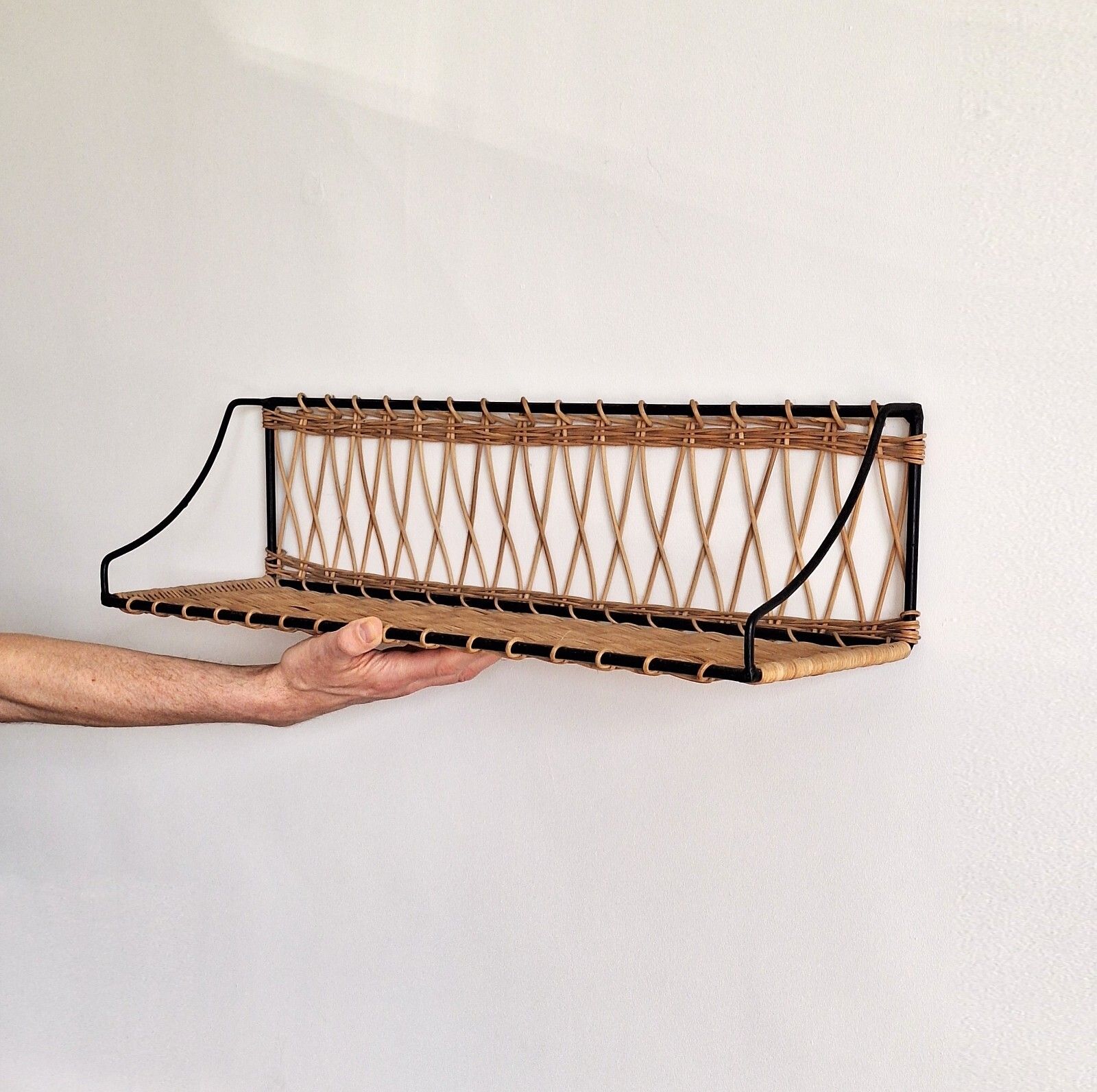 photo buy Mid Century French Wicker & Iron Shelf, Attd To Raoul Guy