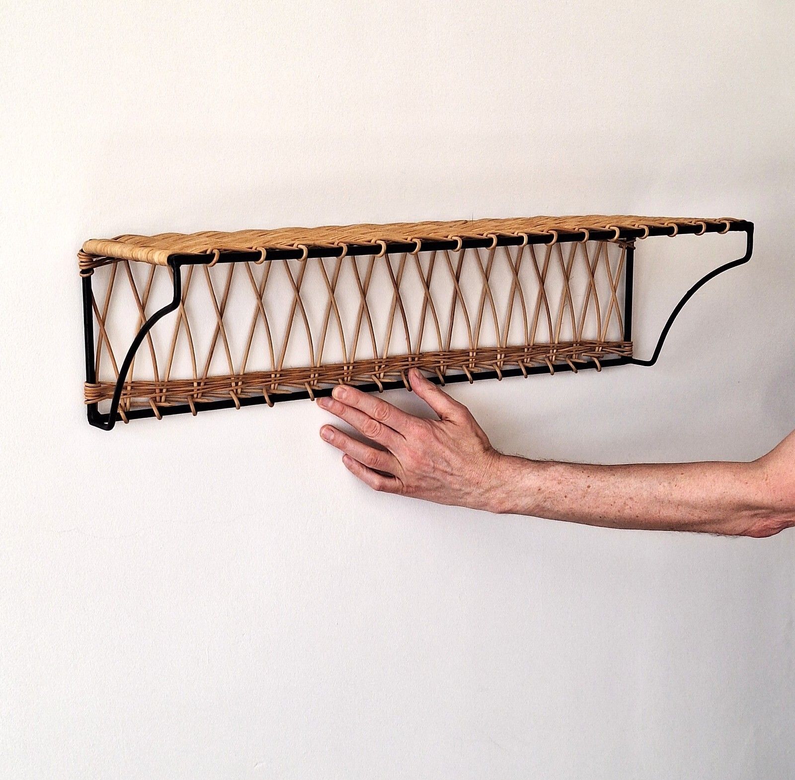 photo vintage Mid Century French Wicker & Iron Shelf, Attd To Raoul Guy