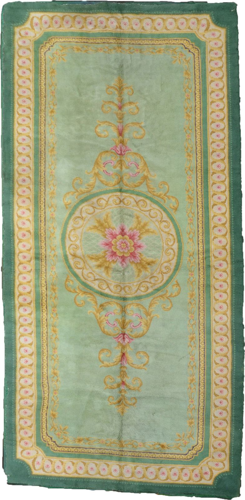 Vintage Spanish Carpet – Deep Green With Cream & Gold Medallion, Large Handwoven Rug 639x295cm
