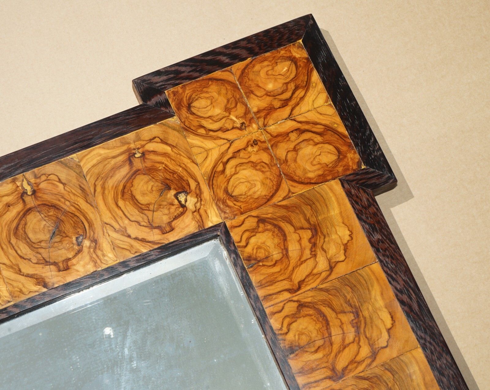 Exquisite Bevelled Edge Oyster Laburnum Wood Wall Mirror Sublime Patina photo vinterior