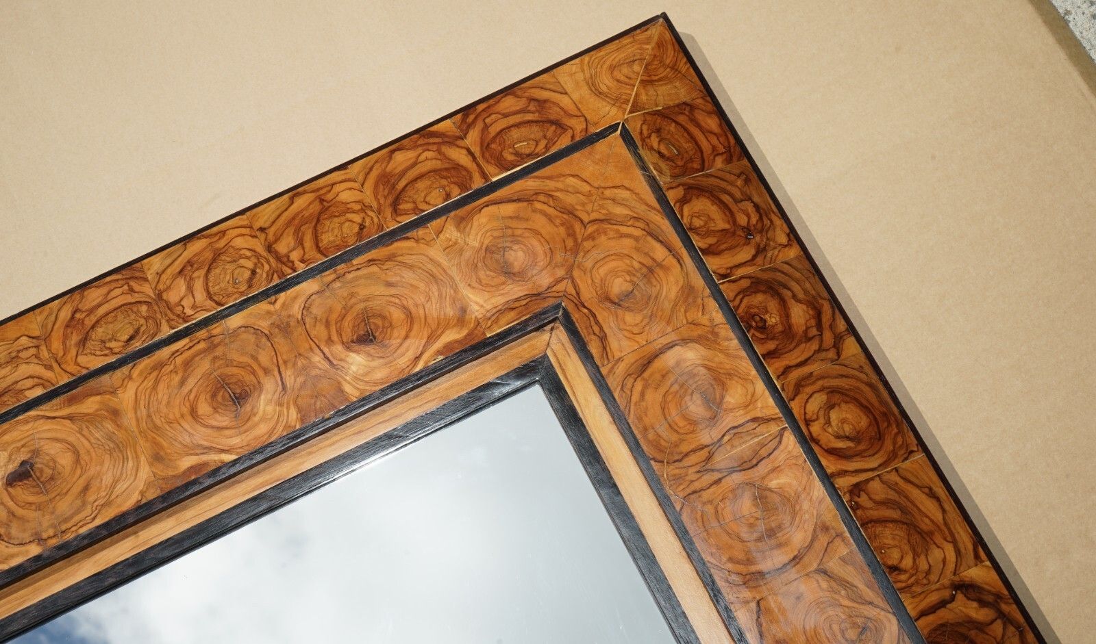 Large Exquisite Cushion Framed Oyster Laburnum Wood Wall Mirror Sublime Patina photo 2950.0