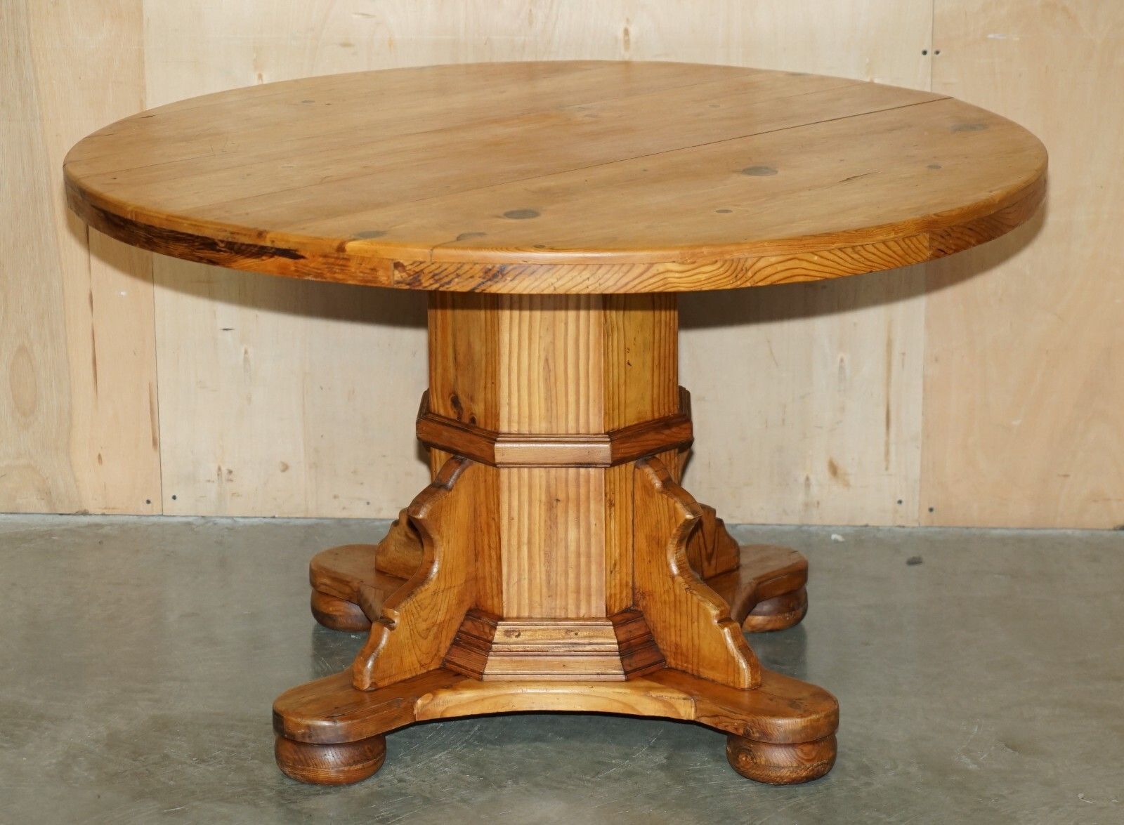 Stunning Round Circa 1940's Pitch Pine Dining Table With Thick Pedestal Base photo furniture