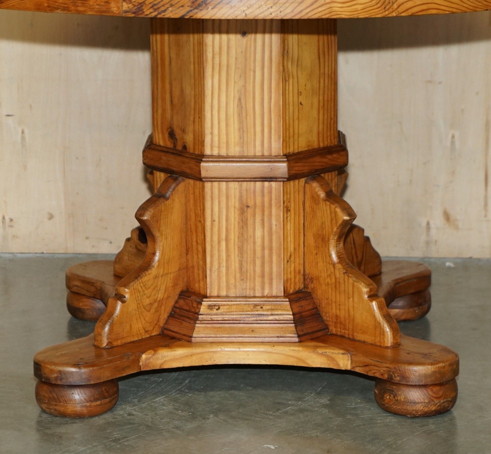 Stunning Round Circa 1940's Pitch Pine Dining Table With Thick Pedestal Base photo for sale