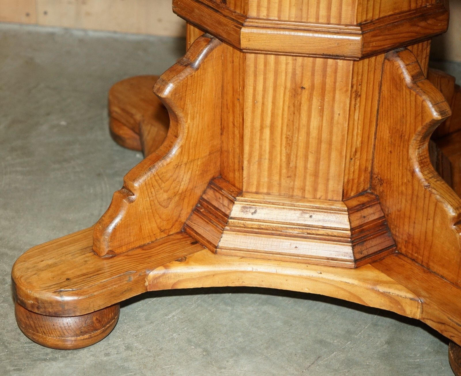 Stunning Round Circa 1940's Pitch Pine Dining Table With Thick Pedestal Base photo vinterior