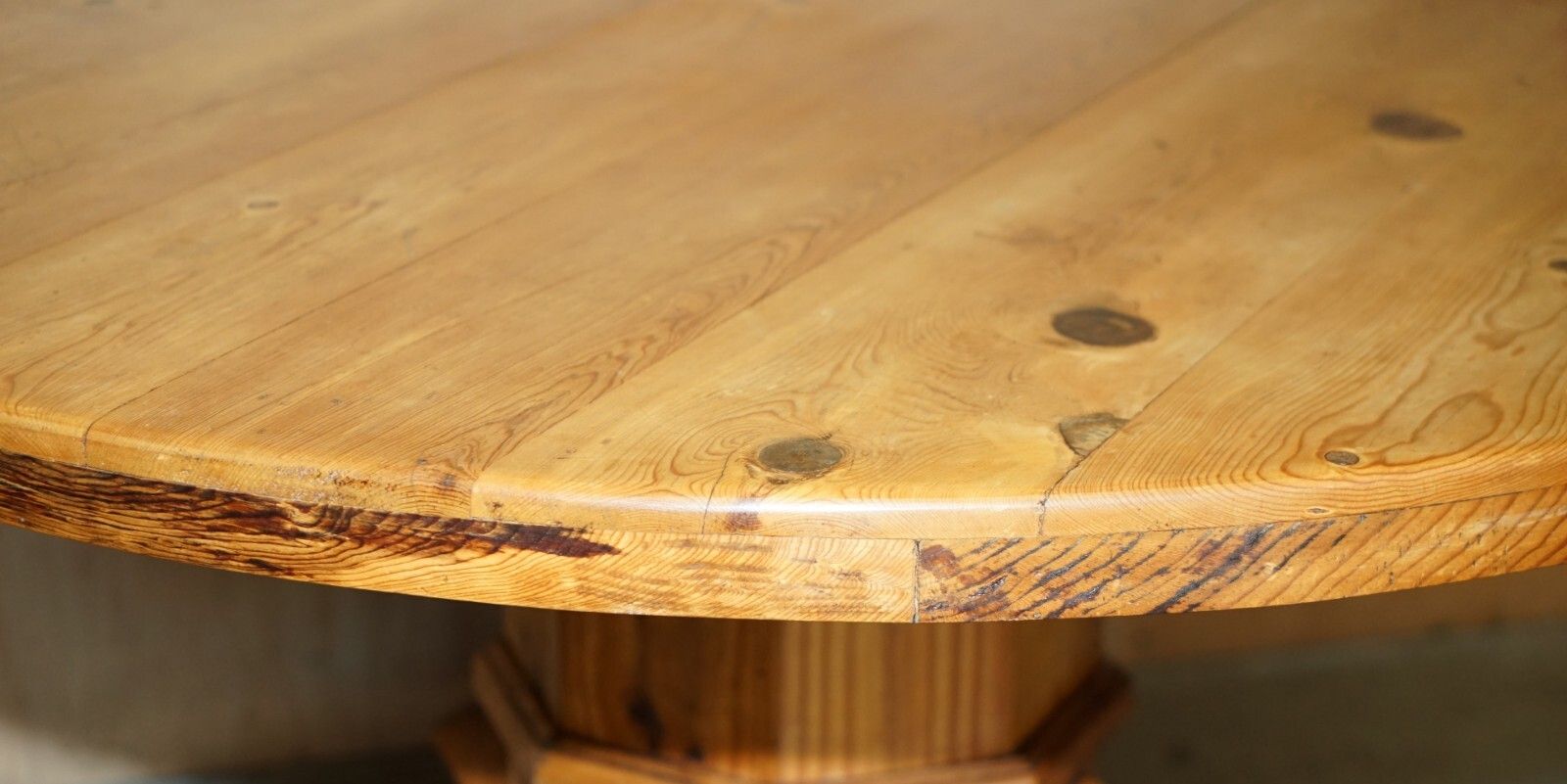 Furniture Stunning Round Circa 1940's Pitch Pine Dining Table With Thick Pedestal Base photo