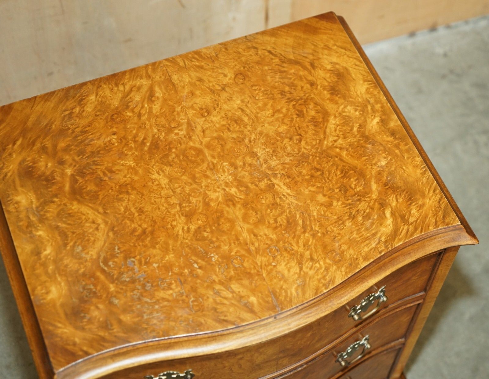 Vintage Burr Walnut Serpentine Fronted Nightstand Side Table Chest Of Drawers photo vinterior