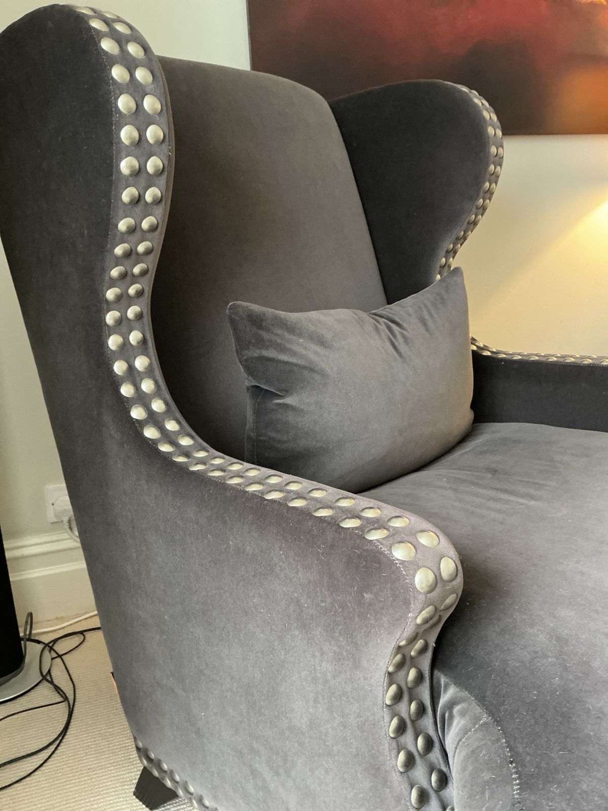 Andrew Martin Studded Wing Back Chair Upholstered In Andrew Martin Chocolate Brown Velvet photo for sale