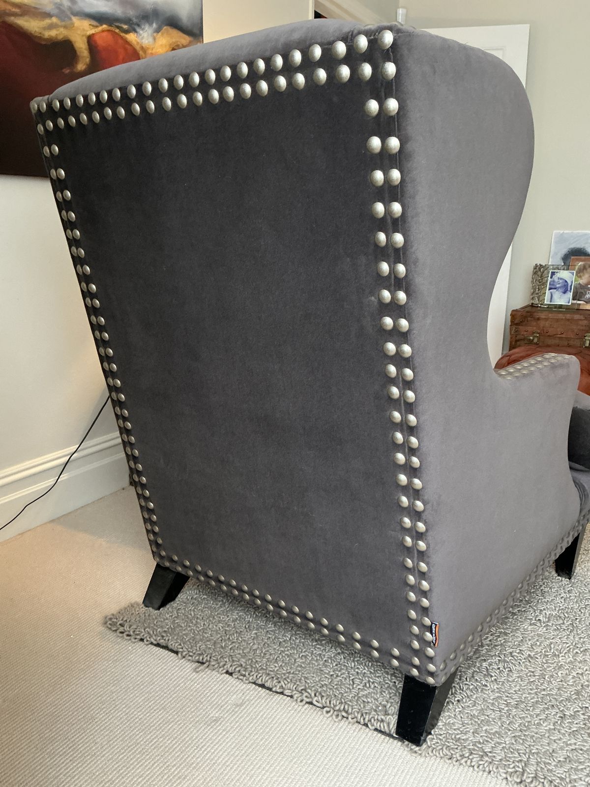 Andrew Martin Studded Wing Back Chair Upholstered In Andrew Martin Chocolate Brown Velvet photo vinterior