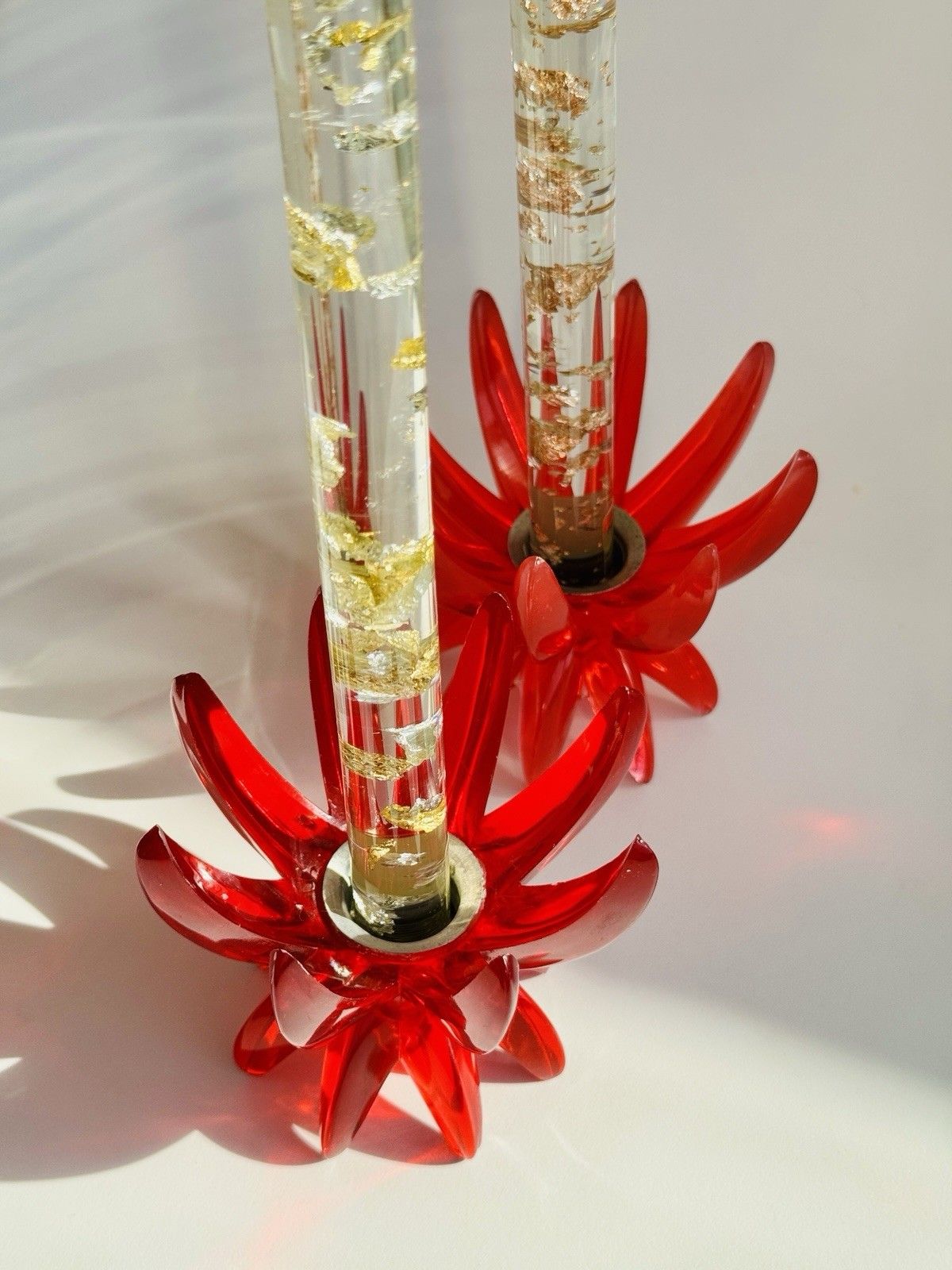 2 Red Lucite 1960’s Friedel Ges Gesch Lotus Candlesticks Germany Space Age photo furniture