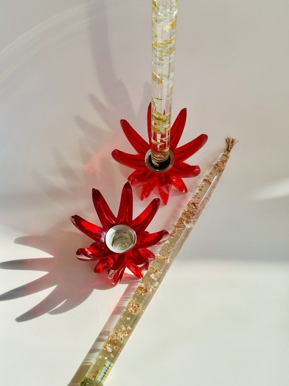 2 Red Lucite 1960’s Friedel Ges Gesch Lotus Candlesticks Germany Space Age photo for sale