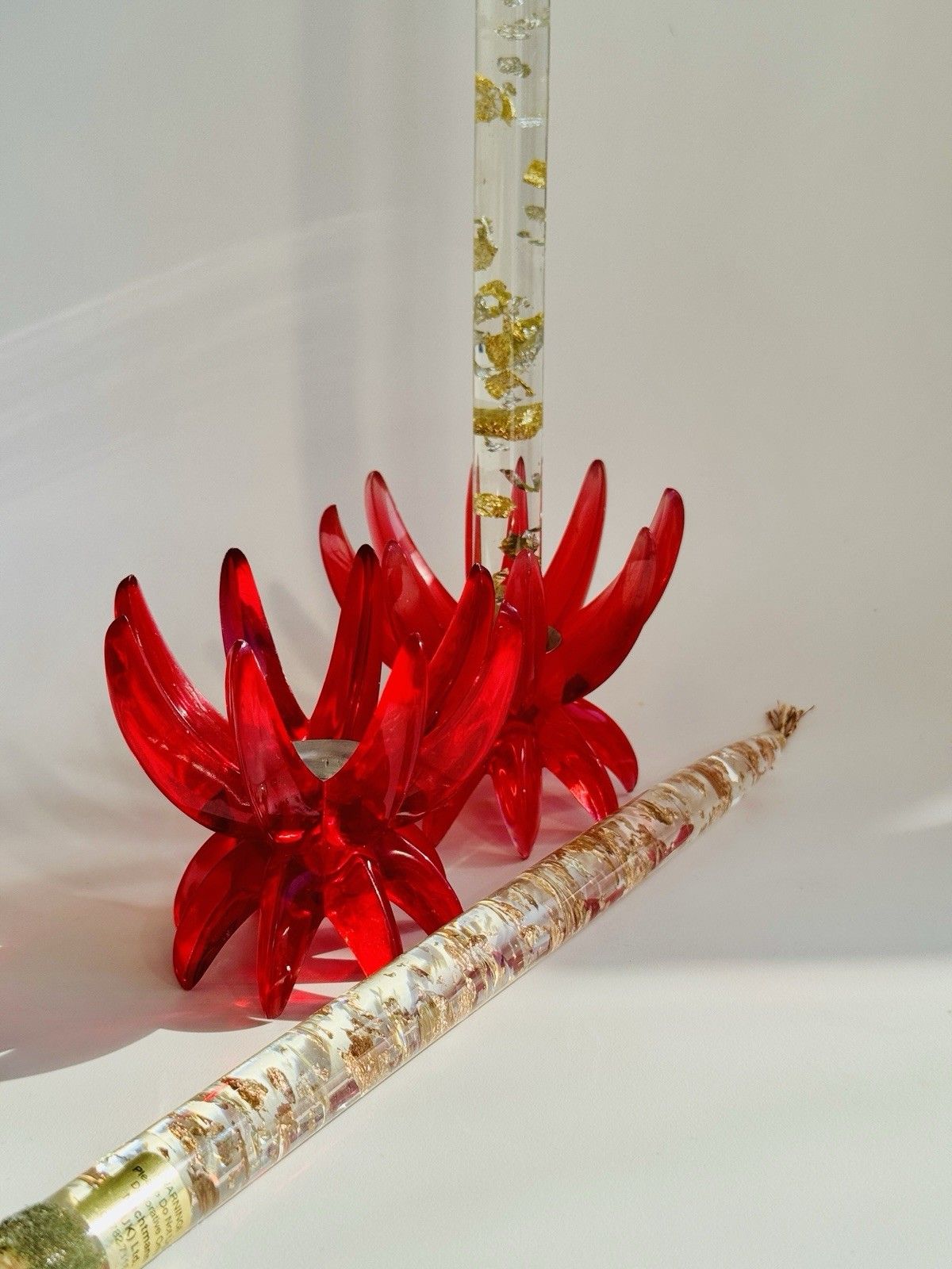 2 Red Lucite 1960’s Friedel Ges Gesch Lotus Candlesticks Germany Space Age photo Home Decor
