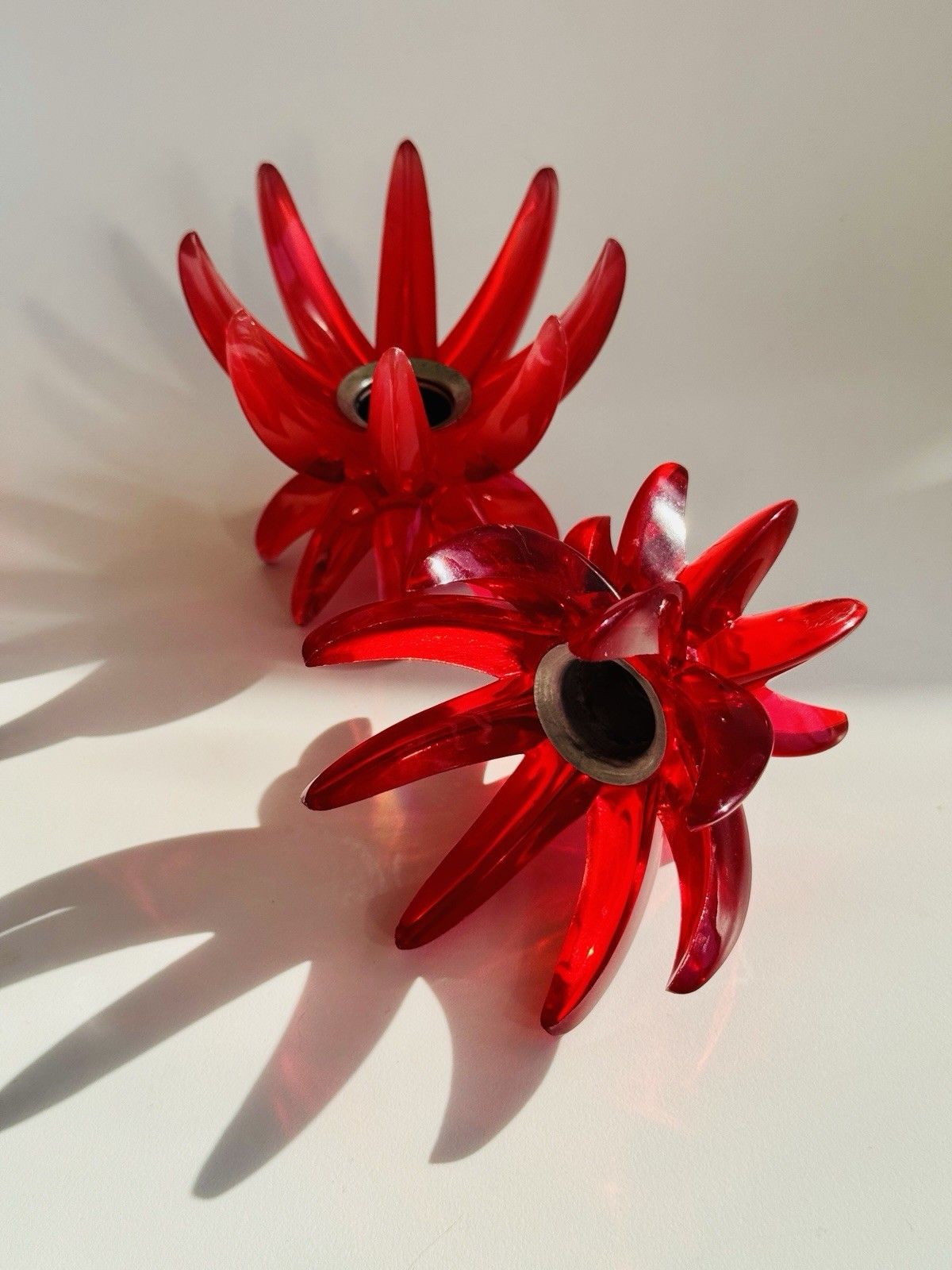 Home Decor 2 Red Lucite 1960’s Friedel Ges Gesch Lotus Candlesticks Germany Space Age photo
