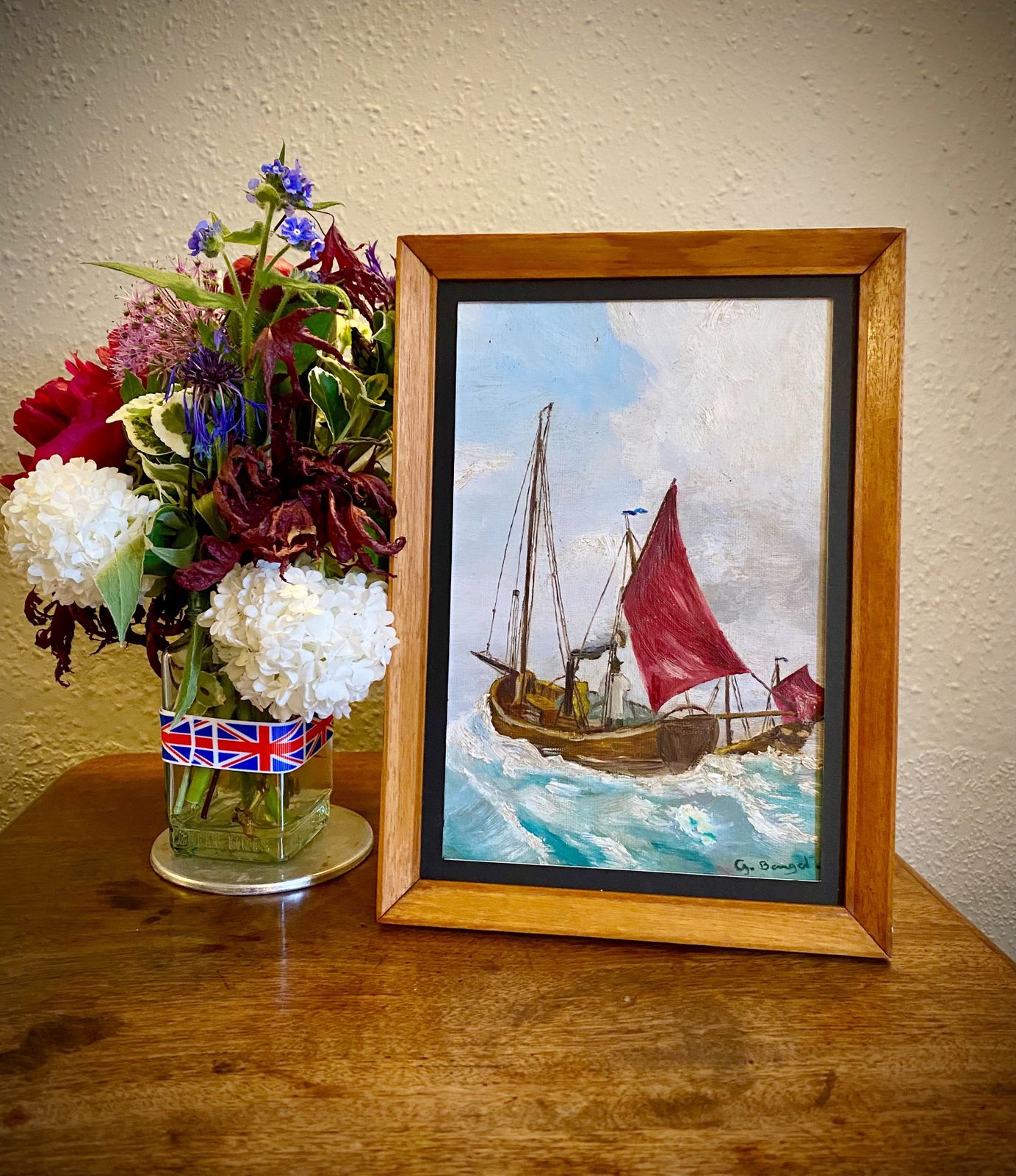 Early 20thc Naive School Red Sailed Boats photo for sale