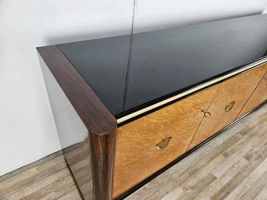Art Deco Sideboard In Mahogany And Maple With Black Glass And Brass Finishes By Osvaldo Borsani For La Permanente Mobili Cantù, 1950 photo for sale