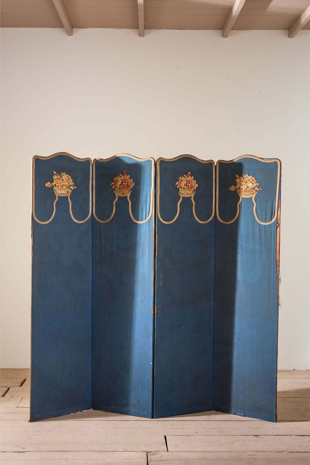 1920's Blue Embroidered Room Screen   4 Panel
