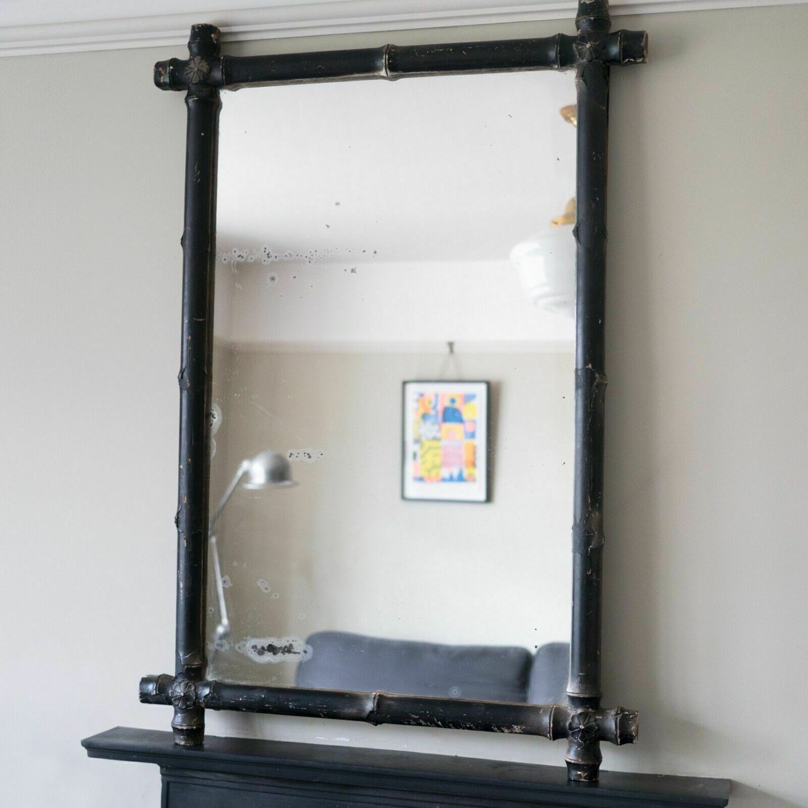 Large French Rustic Wooden Gesso Faux Bamboo Overmantel Mirror photo for sale