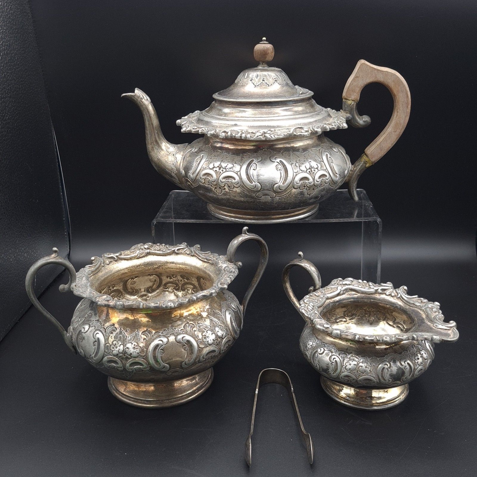 Jd & Sons Antique Tea Set Silverplate Victorian Teapot Sugar Bowl & Tongs Jug
