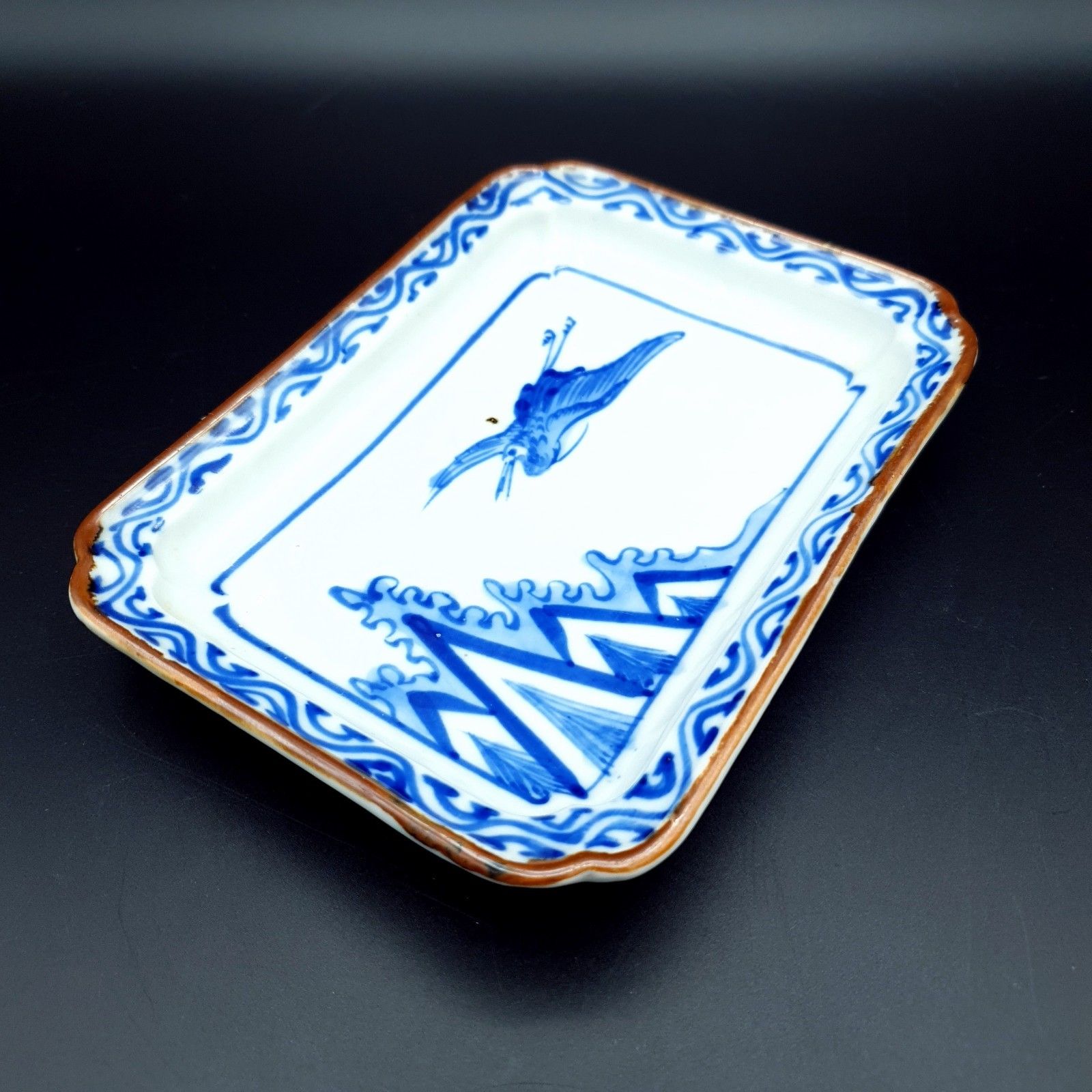 Home Decor Japanese Shallow Dishes Imari Style Blue & White Handpainted Motif Crane L6.25" photo