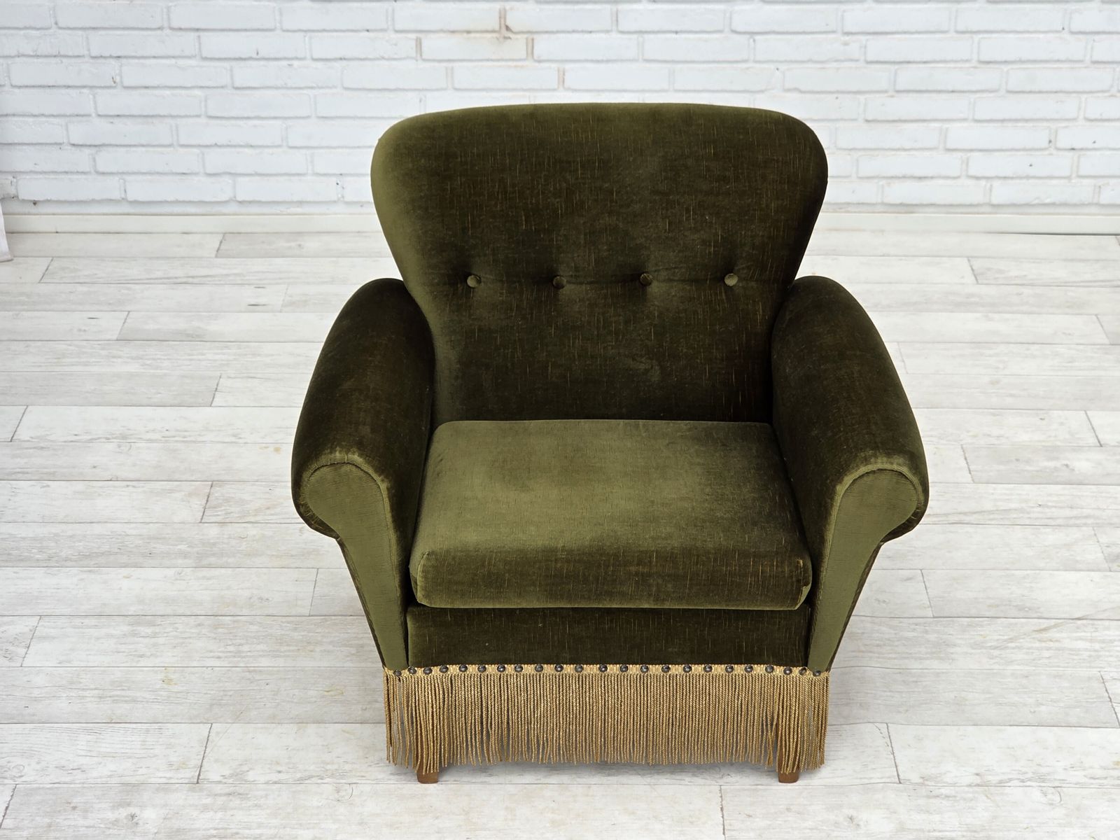 photo for sale 1970s, Danish Lounge Chair, Low, Furniture Velour, Ash Wood Legs.