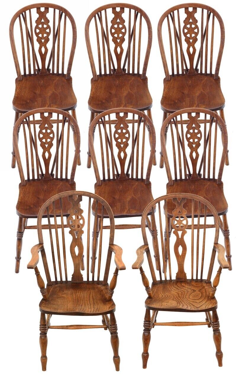 Antique Harlequin Set Of 8 (6 Plus 2) Ash Elm Beech Kitchen Dining Chairs C1910