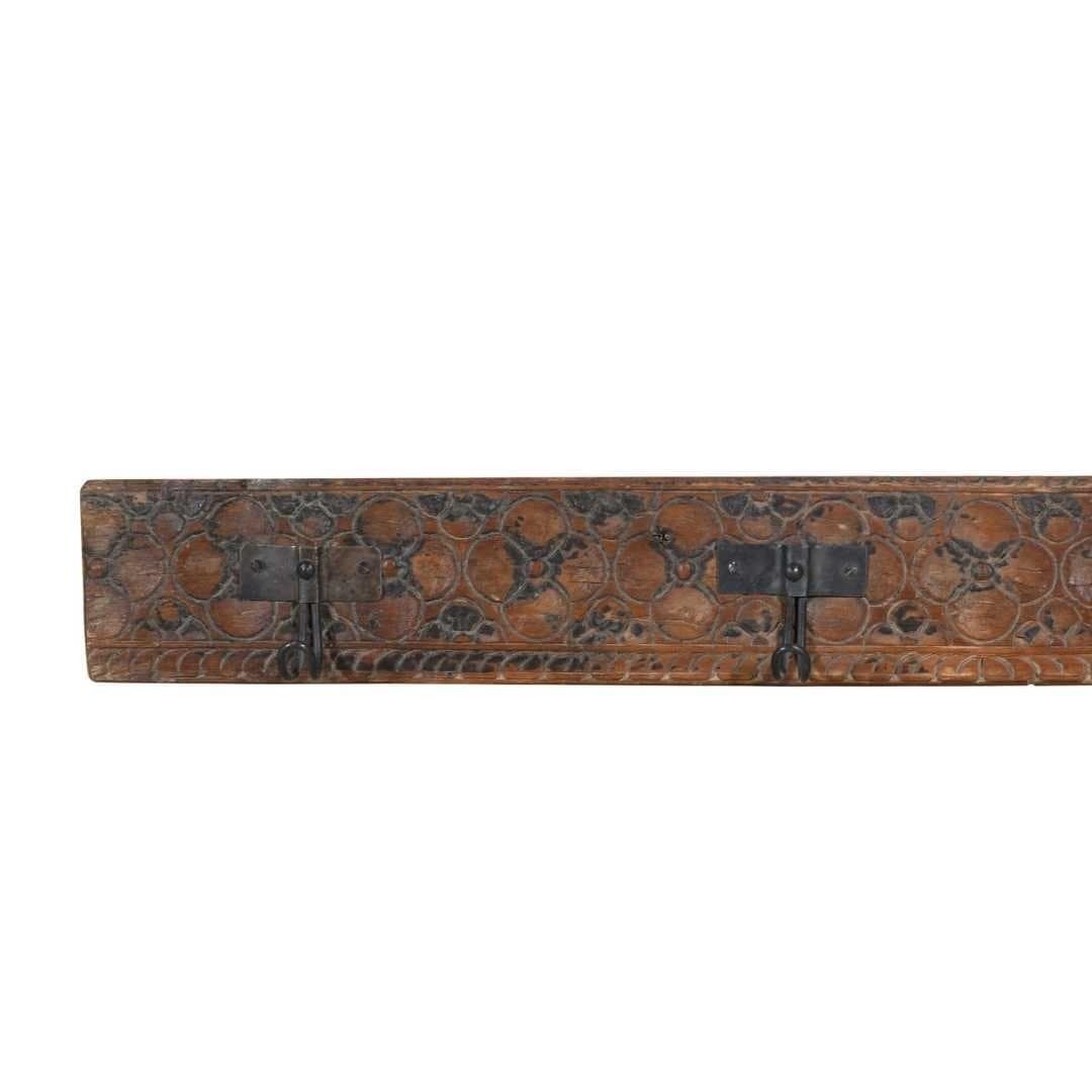 Antique Rustic Brown Teak & Iron Coat Hook Panel, Vintage Indian Wall Rack, Hand Carved Hallway Decor, 111cm photo for sale