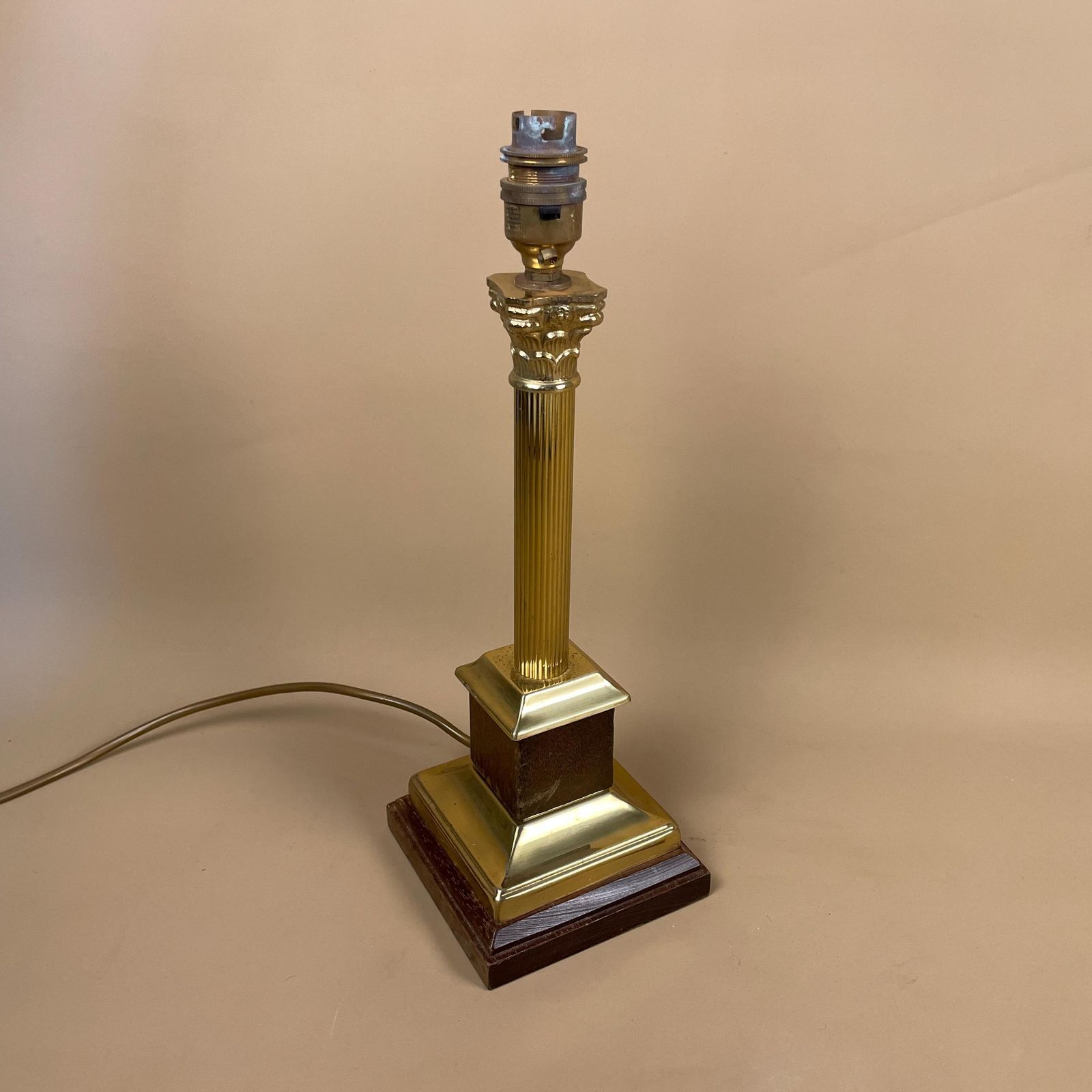 Antique Gold Brass Lamp Square Wooden Base Light Bedside Table Vintage Column Ornate Old Medium Pillar Old Metal