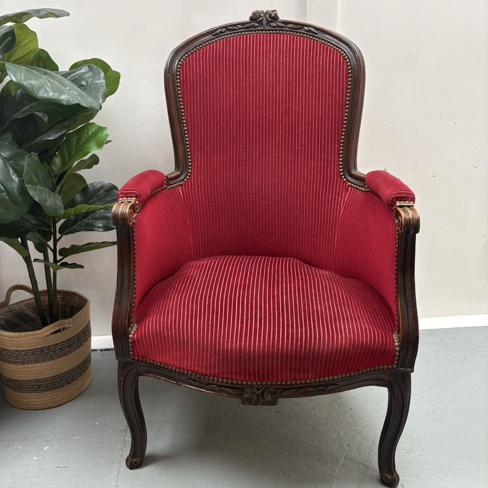 French Mahogany Red Striped Upholstery Boudoir Accent Arm Chair photo furniture