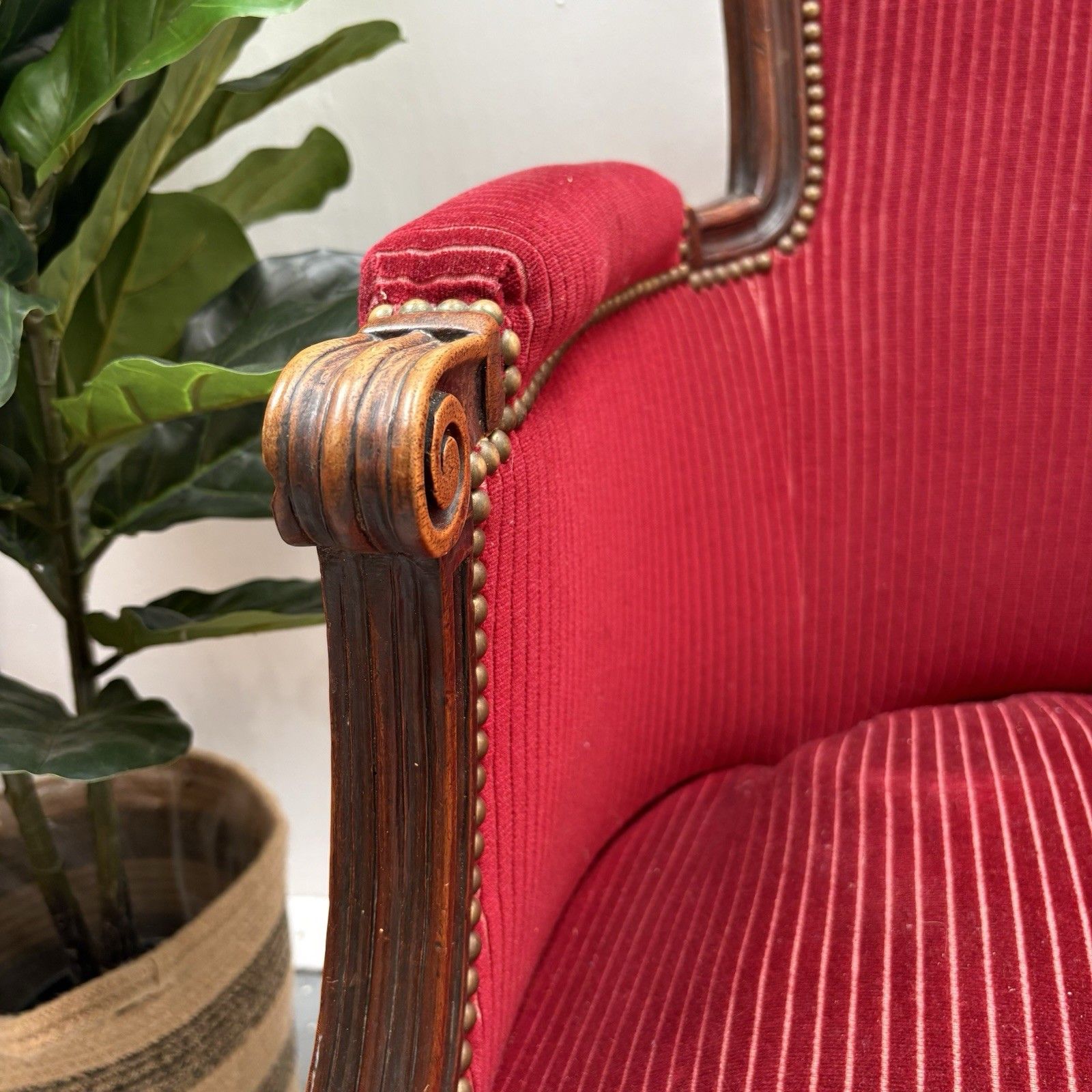 French Mahogany Red Striped Upholstery Boudoir Accent Arm Chair photo for sale
