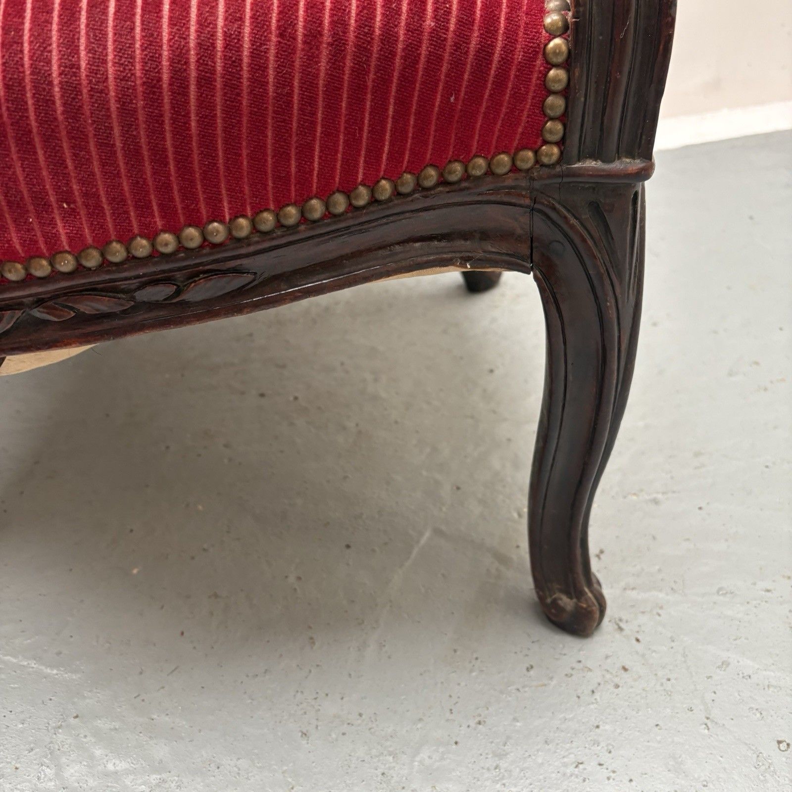 French Mahogany Red Striped Upholstery Boudoir Accent Arm Chair photo vinterior