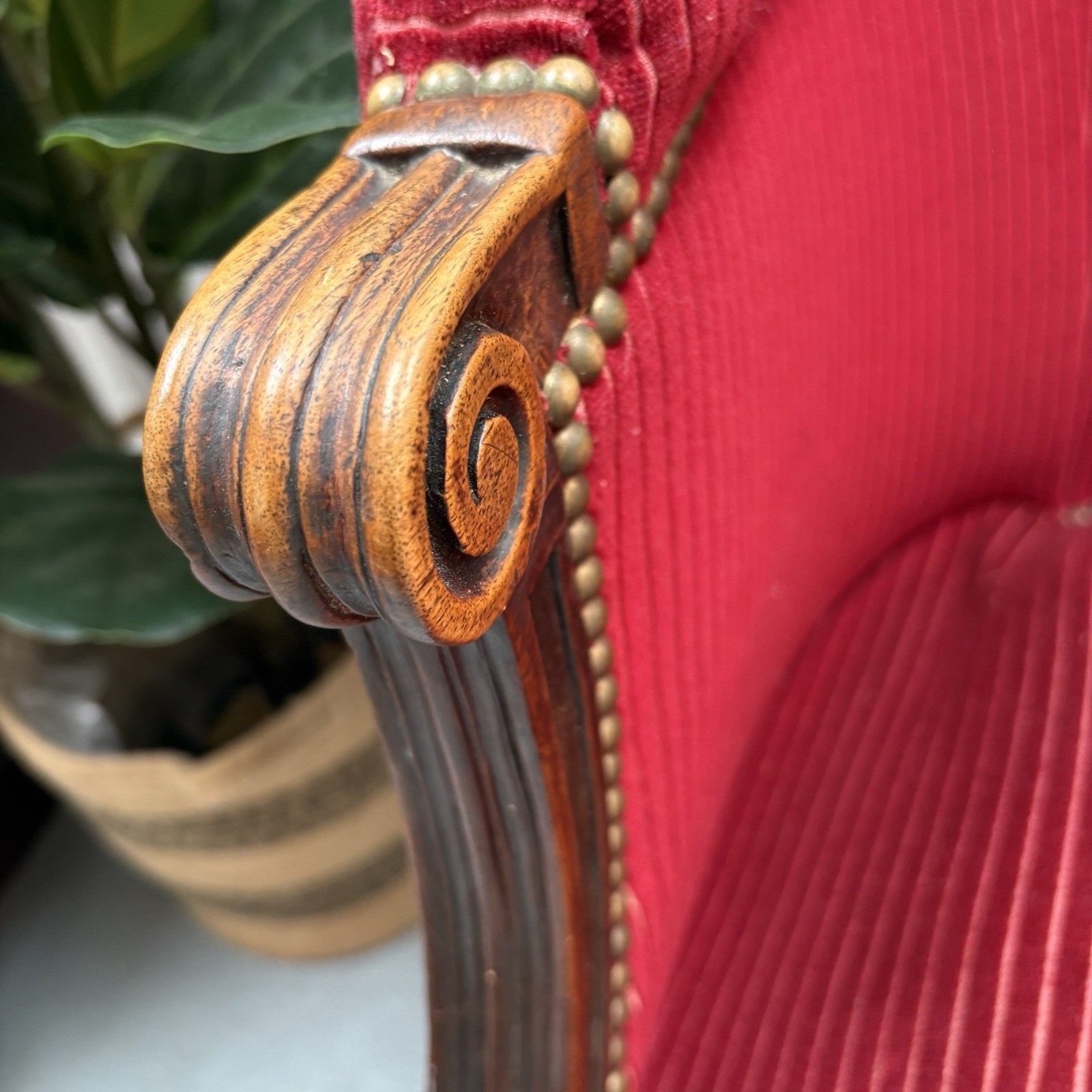 photo furniture French Mahogany Red Striped Upholstery Boudoir Accent Arm Chair