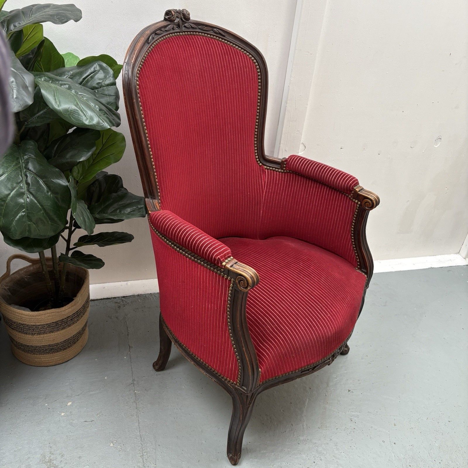 photo vintage French Mahogany Red Striped Upholstery Boudoir Accent Arm Chair