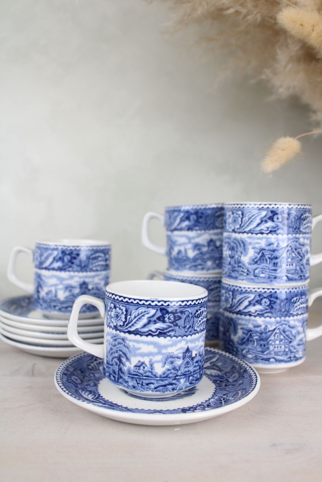 Set Of 6 Burslem Woods & Sons Woodland Blue And White Espresso Cups And Saucers photo buy