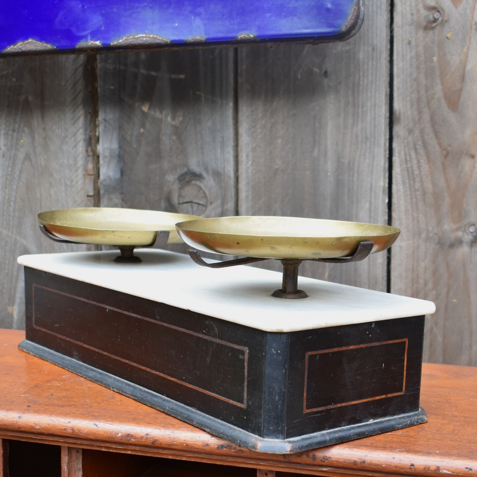 Antique French Marble Topped Brass Ebonised Inlaid Grocery Shop Weighing Scales photo vinterior