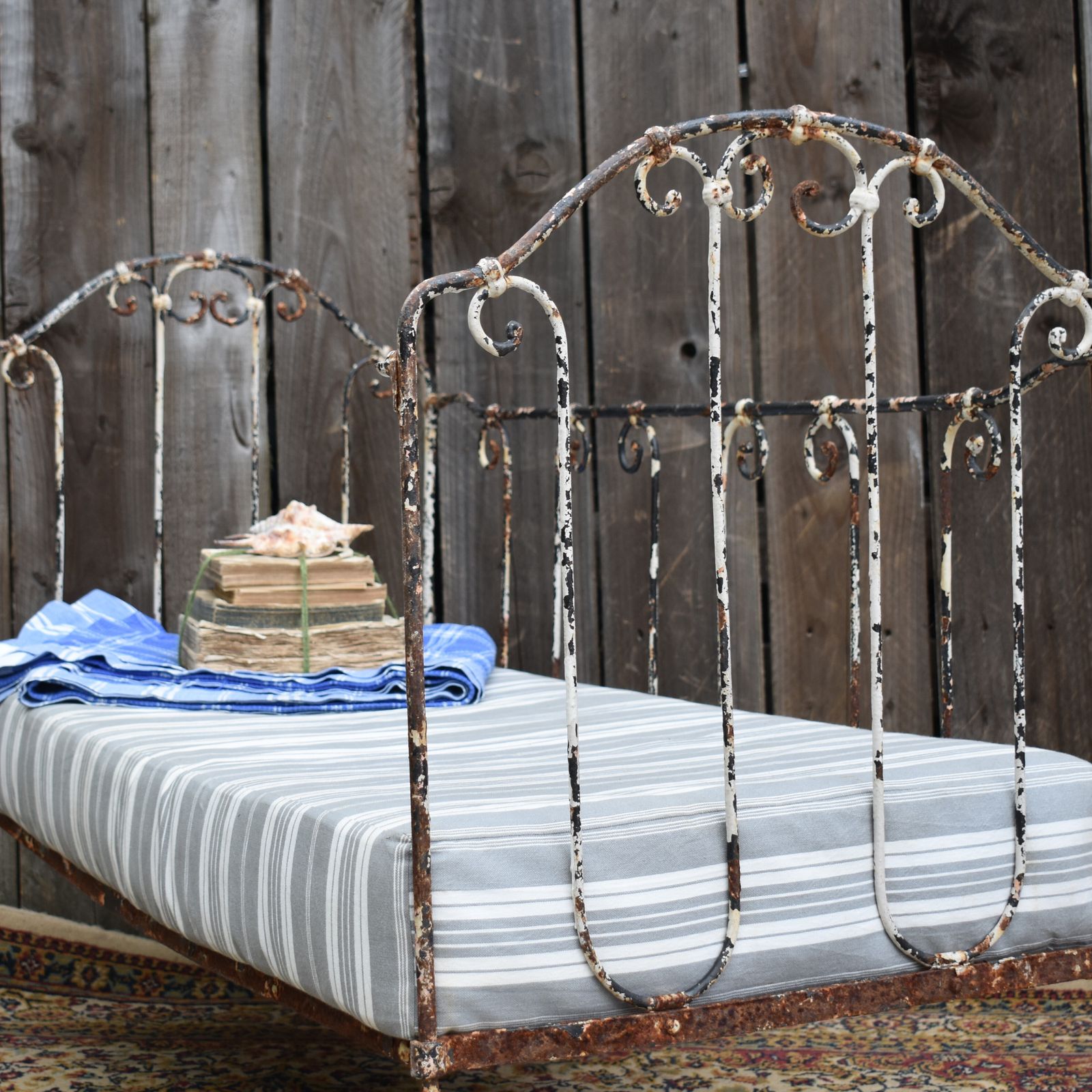 photo for sale Antique French Wrought Iron White Chippy Paint Day Bed Cot Garden Bench Seat