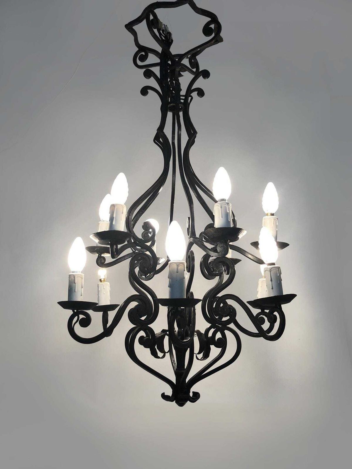 Large 12 Light Wrought Iron Entryway Or Living Room Chandelier. 1960s 1970s photo furniture