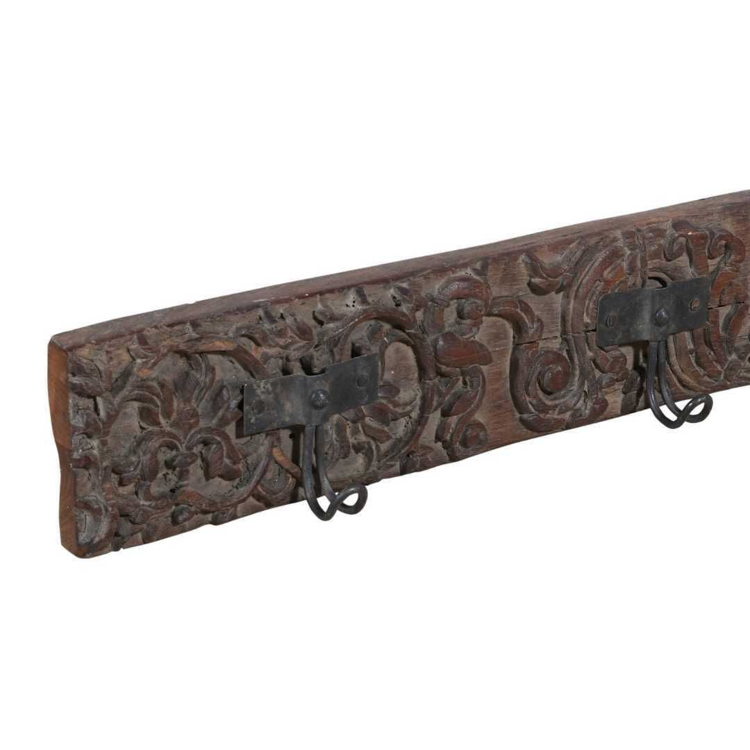 Antique Deep Walnut Brown Teak & Black Iron Coat Hook Panel, Vintage Indian Carved Wall Rack, 113cm photo for sale