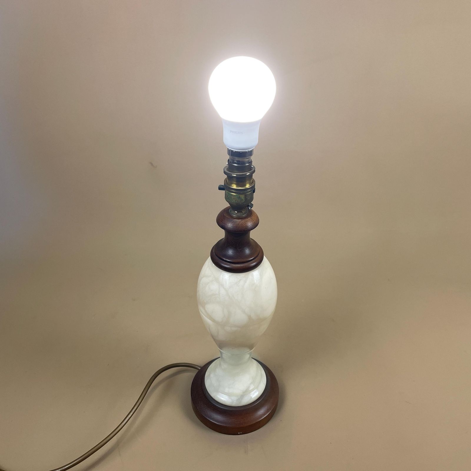 Antique Marble & Wood Lamp Light Bedside Table Desk Side Light Vintage Retro Cream Marbled Round Brass Gold Brass Fitting Large photo vintage