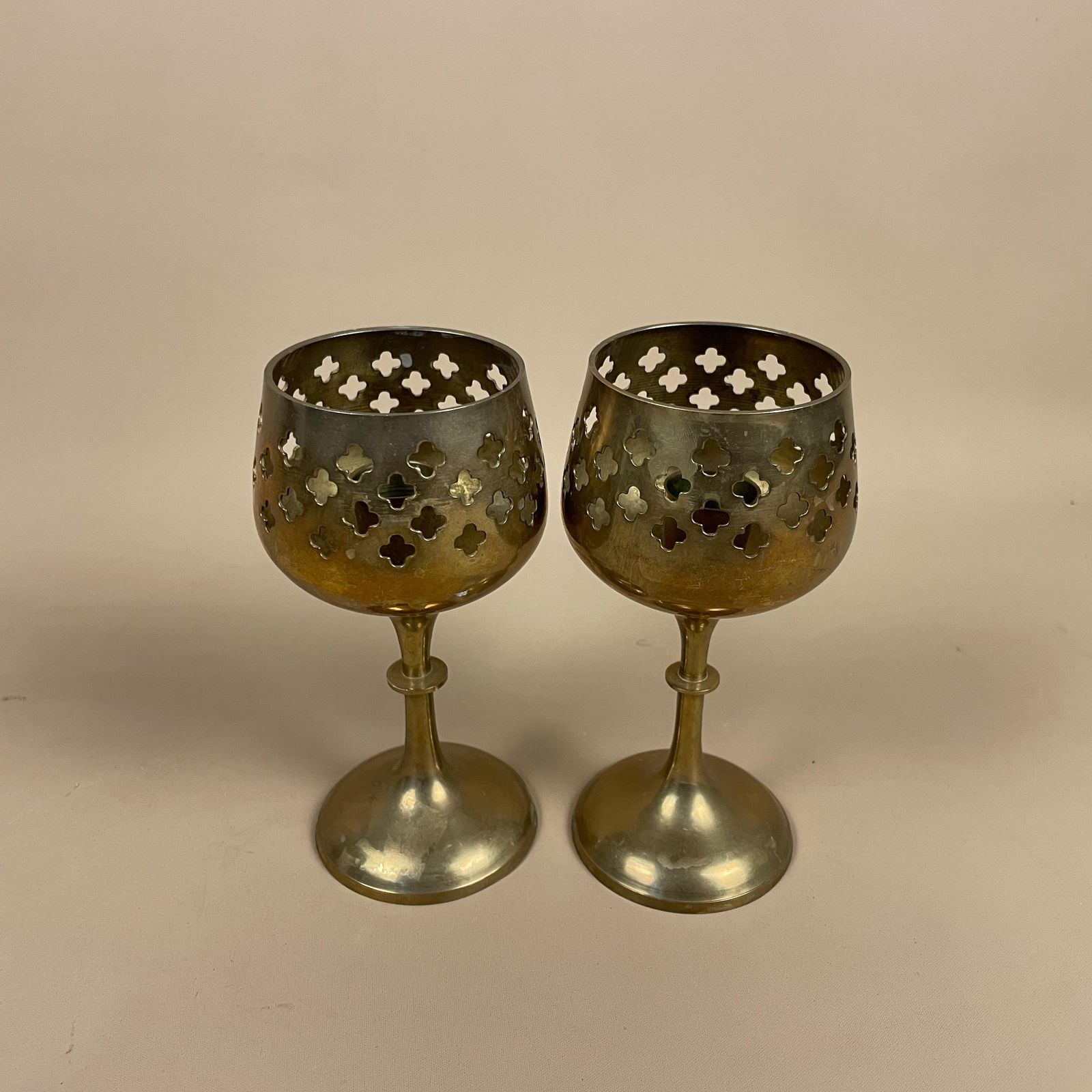Antique Matching Pair Of Gold Brass Metal Candlestick Candle Stick Vintage Taper Dinner Candlesticks Column Lantern Round Base Indian India