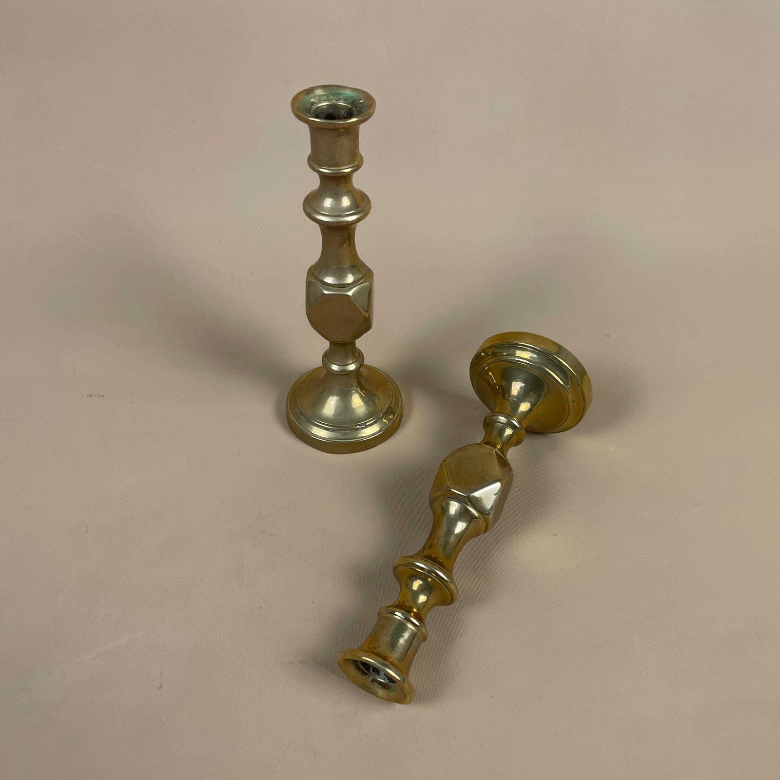 Antique Matching Pair Of Gold Brass Metal Candlestick Candle Stick Vintage Taper Dinner Candlesticks Column Round Base Small photo furniture