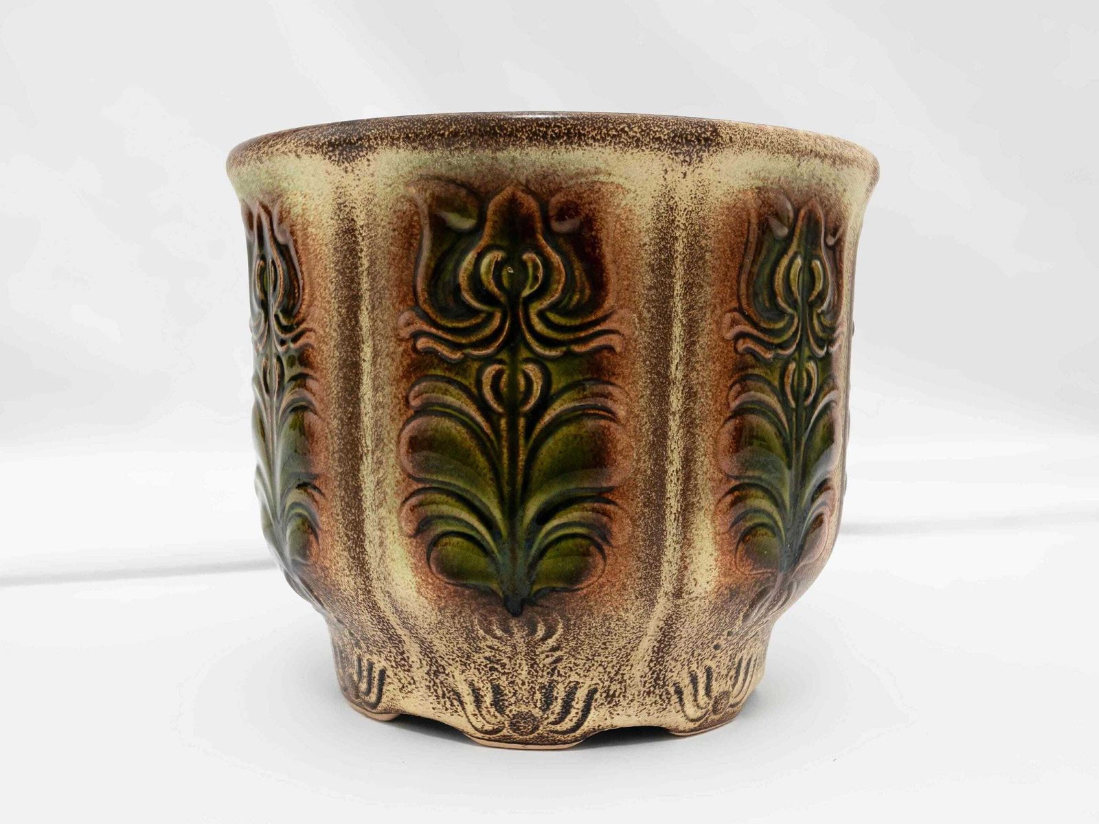 West German Ceramic Plant Pot Planter Beige Brown Green Design Vintage Studio Pottery 1970s Mid Century Home Decor photo for sale