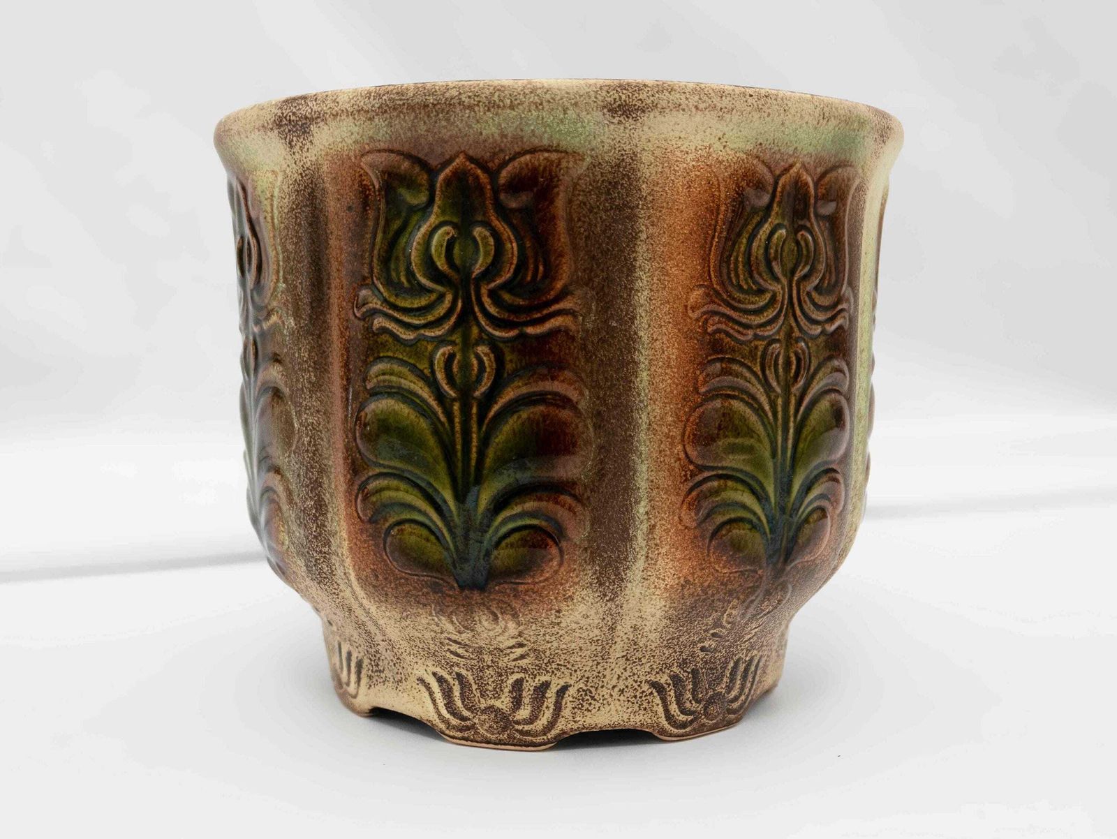 West German Ceramic Plant Pot Planter Beige Brown Green Design Vintage Studio Pottery 1970s Mid Century Home Decor photo vinterior