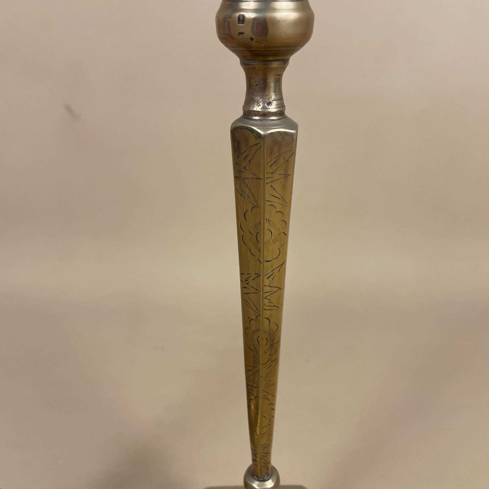 Antique Indian Matching Pair Of Gold Brass Metal Candlestick Candle Stick Vintage Hexagon Taper Dinner Candlesticks Column Pillar Engraved photo 65.0