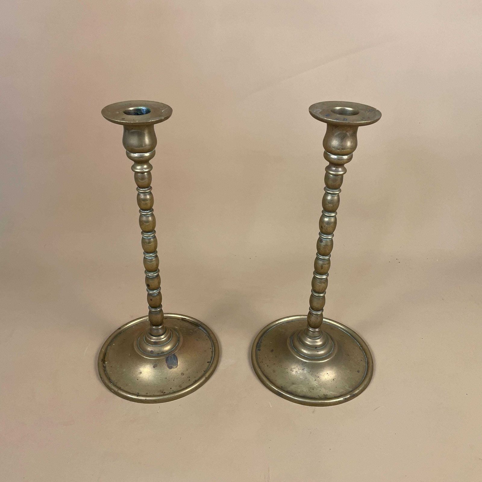 Antique Matching Pair Of Gold Brass Metal Candlestick Candle Stick Vintage Taper Dinner Candlesticks Column Pillar Round Base photo furniture