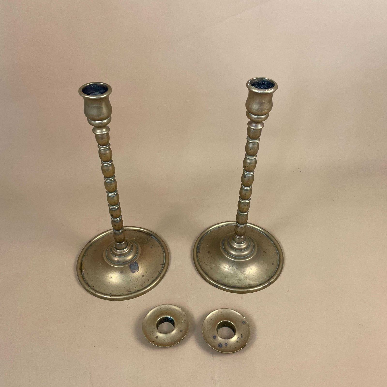 Antique Matching Pair Of Gold Brass Metal Candlestick Candle Stick Vintage Taper Dinner Candlesticks Column Pillar Round Base photo 65.0