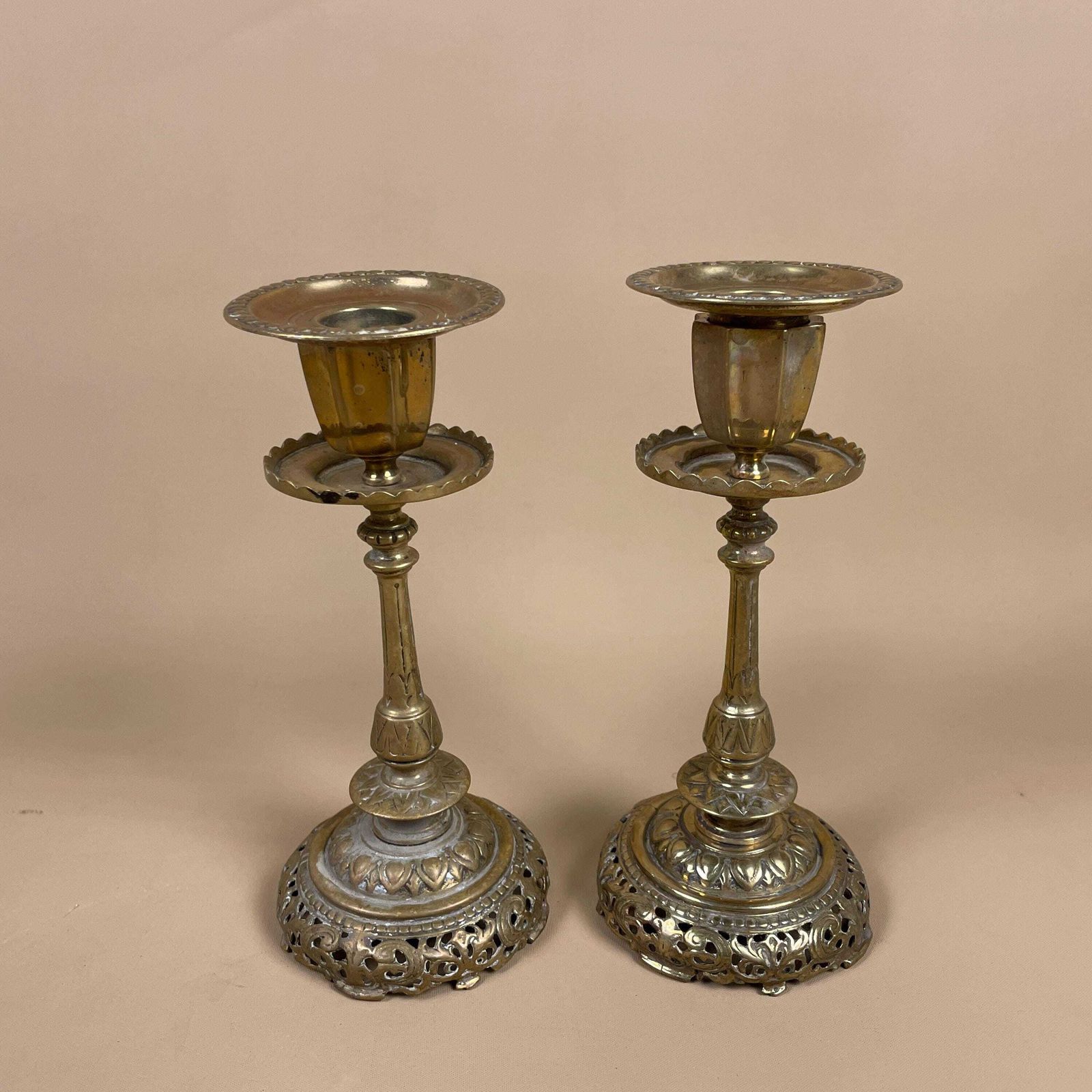 Antique Matching Pair Of Gold Brass Metal Candlestick Candle Stick Vintage Taper Dinner Candlesticks Column Pillar Round Base Indian India photo furniture